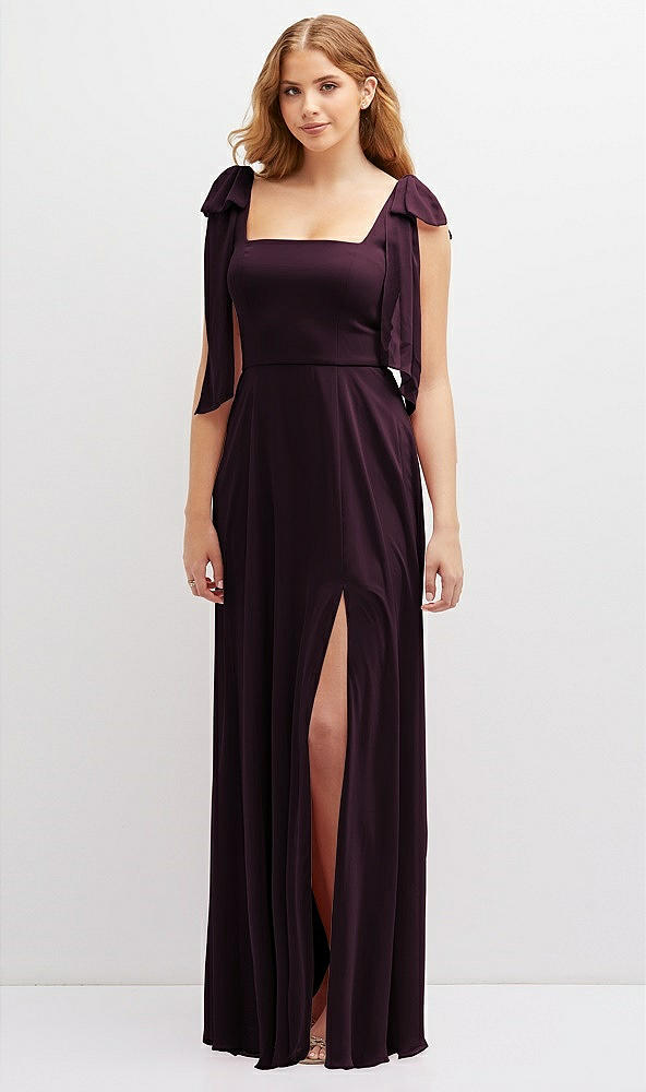 Front View - Deep Plum Bow Shoulder Square Neck Chiffon Maxi Dress