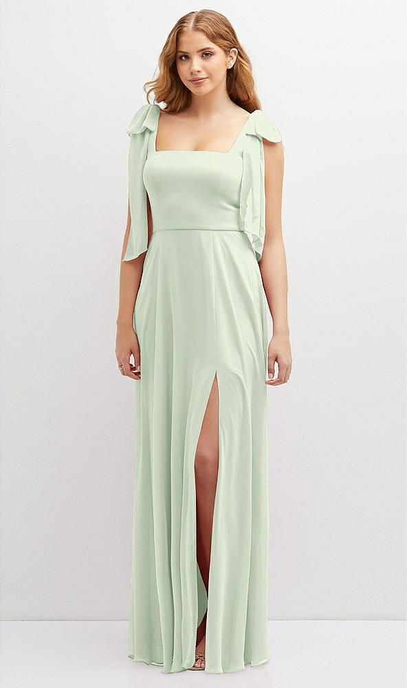 Front View - Mint Green Bow Shoulder Square Neck Chiffon Maxi Dress