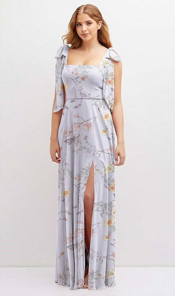 Front View - Butterfly Botanica Silver Dove Bow Shoulder Square Neck Chiffon Maxi Dress