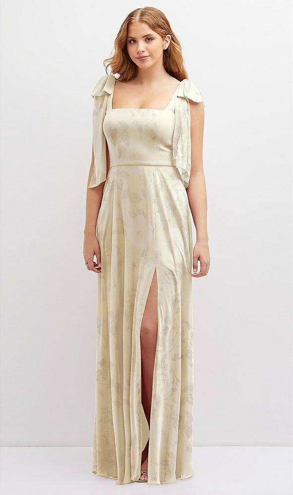 Front View - Butter Yellow Floral Bow Shoulder Square Neck Chiffon Maxi Dress