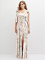 Front View Thumbnail - Blush Garden Bow Shoulder Square Neck Chiffon Maxi Dress