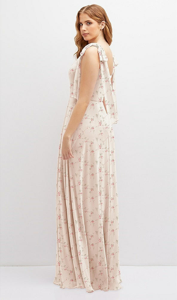 Back View - Coquette Floral Print Bow Shoulder Square Neck Chiffon Maxi Dress