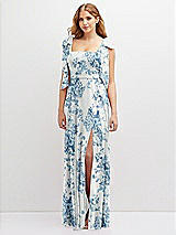 Front View Thumbnail - Cottage Rose Dusk Blue Bow Shoulder Square Neck Chiffon Maxi Dress