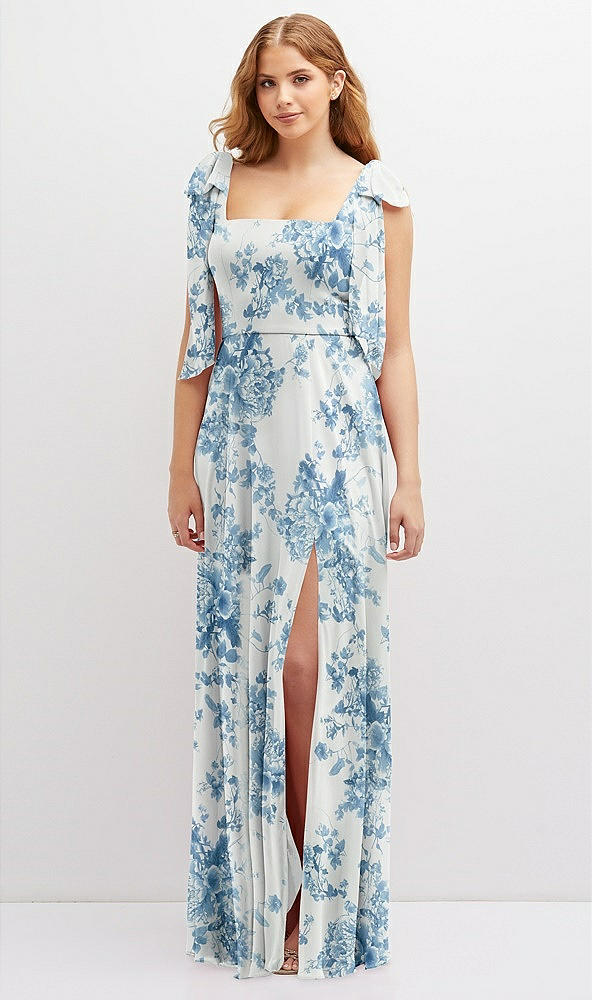 Front View - Cottage Rose Dusk Blue Bow Shoulder Square Neck Chiffon Maxi Dress