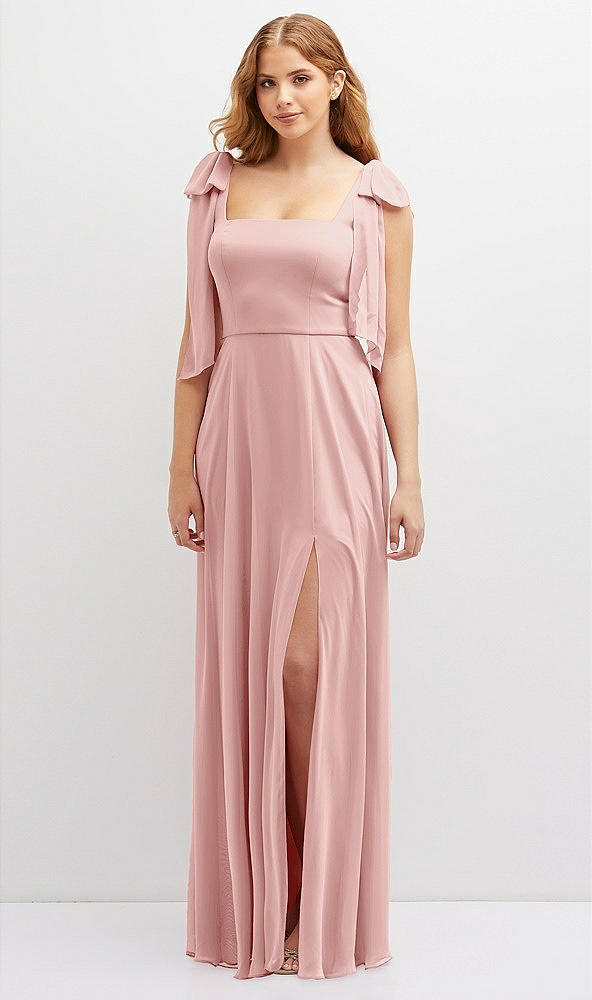 Front View - Rose Bow Shoulder Square Neck Chiffon Maxi Dress