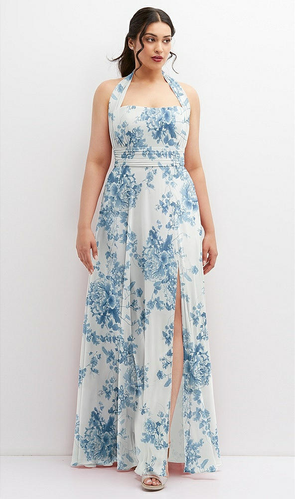 Front View - Cottage Rose Dusk Blue Chiffon Convertible Maxi Dress with Multi-Way Tie Straps