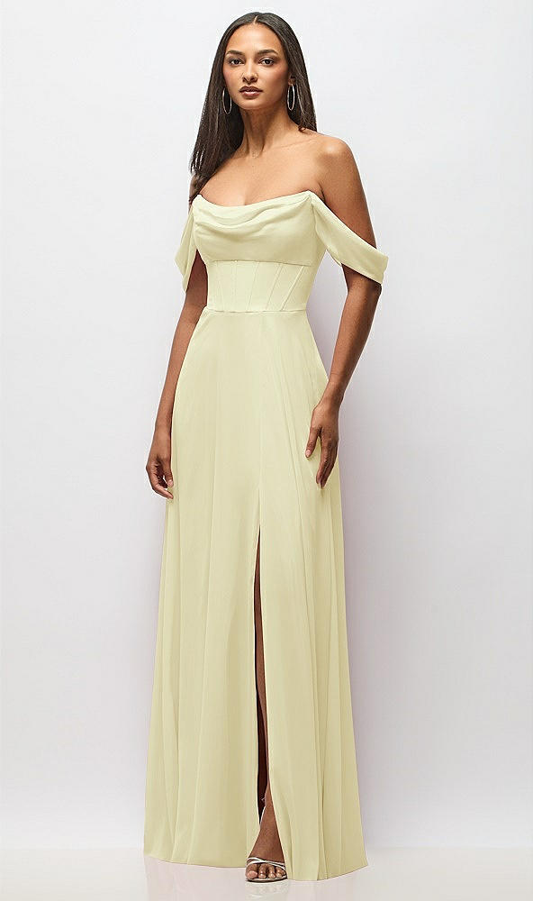Front View - Butter Yellow Chiffon Corset Maxi Dress with Removable Off-the-Shoulder Swags
