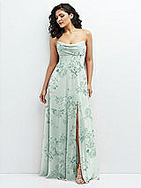 Alt View 1 Thumbnail - Mint Green Floral Chiffon Corset Maxi Dress with Removable Off-the-Shoulder Swags