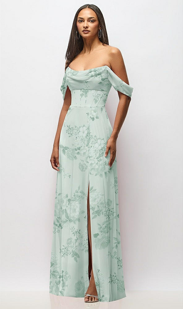 Front View - Mint Green Floral Chiffon Corset Maxi Dress with Removable Off-the-Shoulder Swags