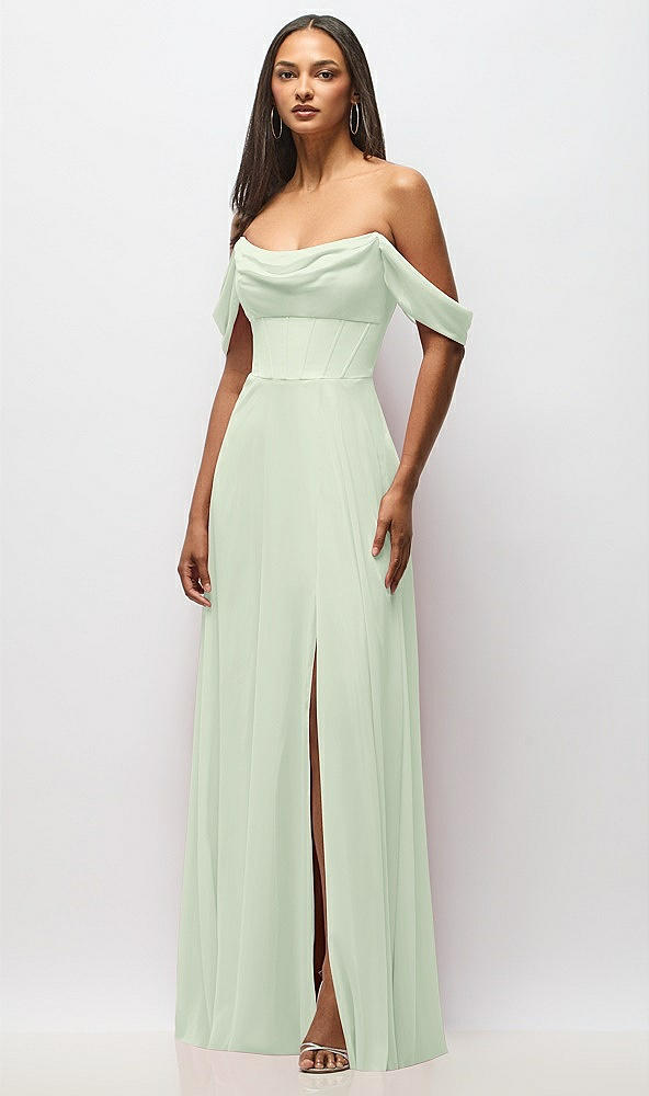 Front View - Mint Green Chiffon Corset Maxi Dress with Removable Off-the-Shoulder Swags