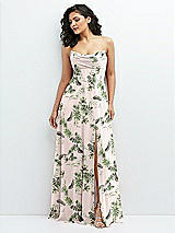 Alt View 1 Thumbnail - Palm Beach Print Chiffon Corset Maxi Dress with Removable Off-the-Shoulder Swags