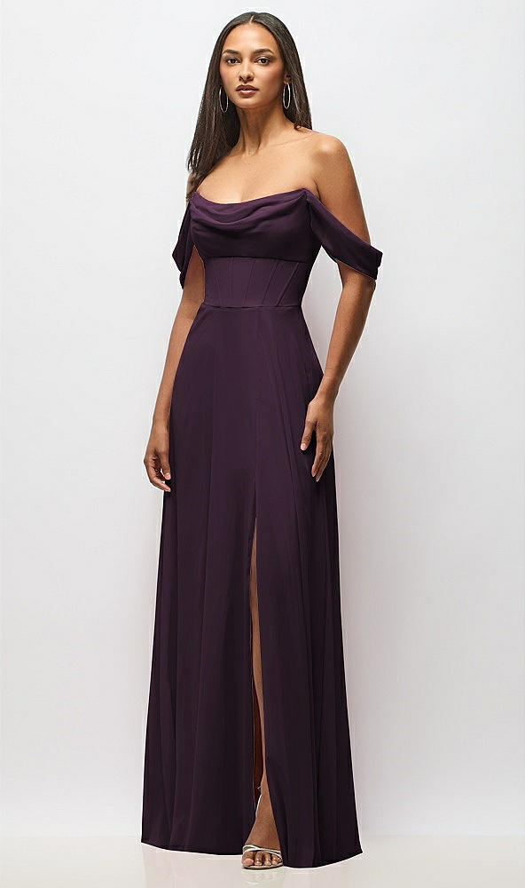 Front View - Aubergine Chiffon Corset Maxi Dress with Removable Off-the-Shoulder Swags