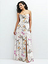 Alt View 1 Thumbnail - Butterfly Botanica Ivory Chiffon Corset Maxi Dress with Removable Off-the-Shoulder Swags