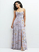 Alt View 1 Thumbnail - Butterfly Botanica Silver Dove Chiffon Corset Maxi Dress with Removable Off-the-Shoulder Swags