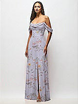 Front View Thumbnail - Butterfly Botanica Silver Dove Chiffon Corset Maxi Dress with Removable Off-the-Shoulder Swags