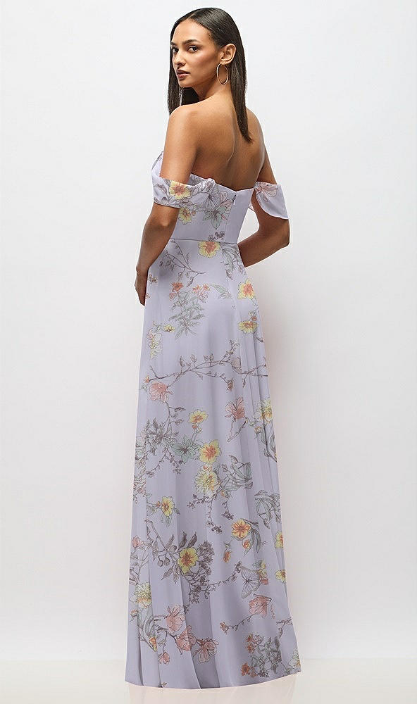 Back View - Butterfly Botanica Silver Dove Chiffon Corset Maxi Dress with Removable Off-the-Shoulder Swags
