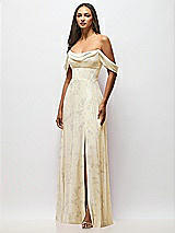 Front View Thumbnail - Butter Yellow Floral Chiffon Corset Maxi Dress with Removable Off-the-Shoulder Swags