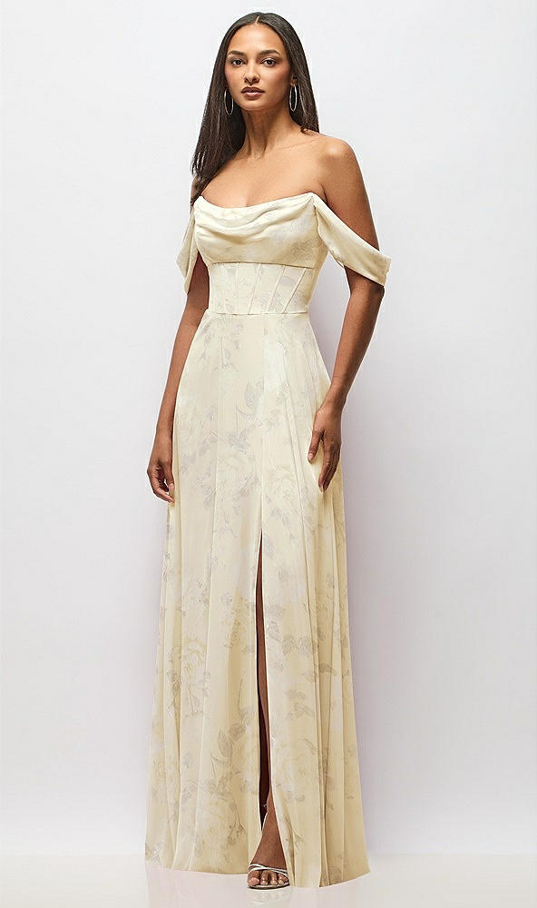 Front View - Butter Yellow Floral Chiffon Corset Maxi Dress with Removable Off-the-Shoulder Swags