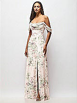 Front View Thumbnail - Blush Garden Chiffon Corset Maxi Dress with Removable Off-the-Shoulder Swags