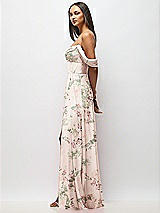 Side View Thumbnail - Blush Garden Chiffon Corset Maxi Dress with Removable Off-the-Shoulder Swags