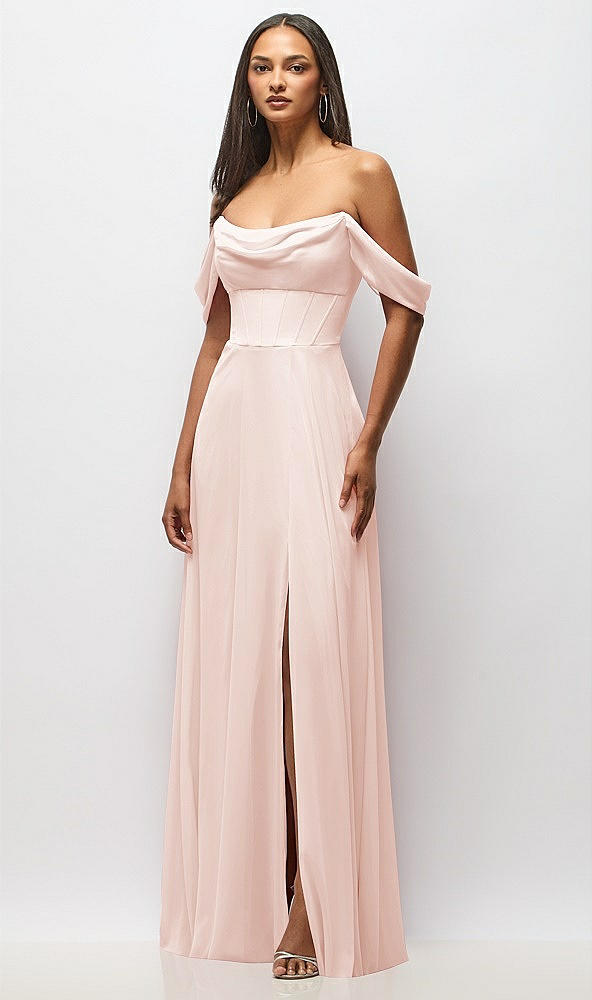Front View - Blush Chiffon Corset Maxi Dress with Removable Off-the-Shoulder Swags