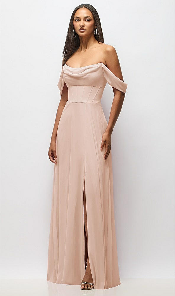 Front View - Cameo Chiffon Corset Maxi Dress with Removable Off-the-Shoulder Swags