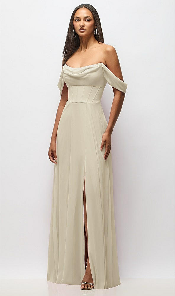 Front View - Champagne Chiffon Corset Maxi Dress with Removable Off-the-Shoulder Swags