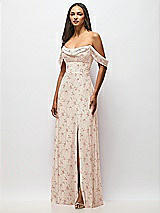 Front View Thumbnail - Coquette Floral Print Chiffon Corset Maxi Dress with Removable Off-the-Shoulder Swags