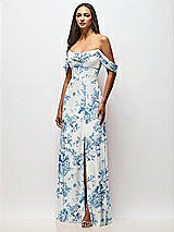 Front View Thumbnail - Cottage Rose Dusk Blue Chiffon Corset Maxi Dress with Removable Off-the-Shoulder Swags