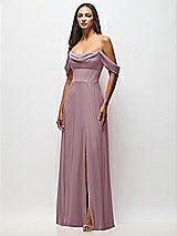 Front View Thumbnail - Dusty Rose Chiffon Corset Maxi Dress with Removable Off-the-Shoulder Swags