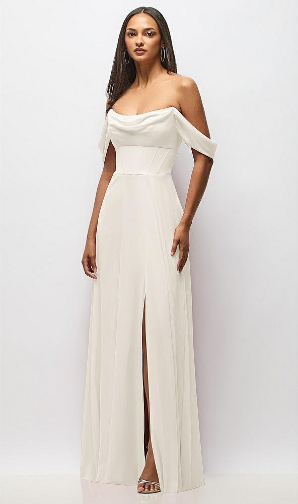 Front View - Ivory Chiffon Corset Maxi Dress with Removable Off-the-Shoulder Swags