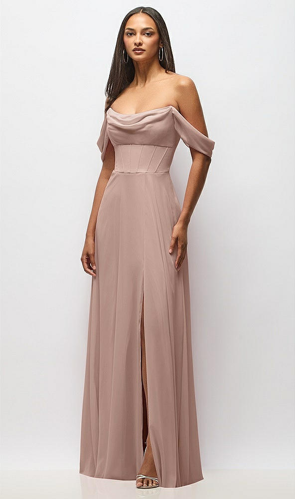 Front View - Neu Nude Chiffon Corset Maxi Dress with Removable Off-the-Shoulder Swags