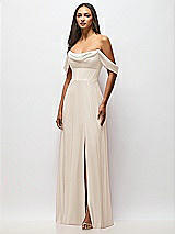 Front View Thumbnail - Oat Chiffon Corset Maxi Dress with Removable Off-the-Shoulder Swags