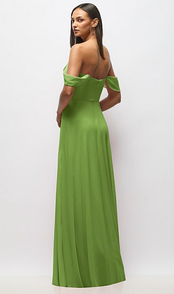 Back View - Peridot Green Chiffon Corset Maxi Dress with Removable Off-the-Shoulder Swags