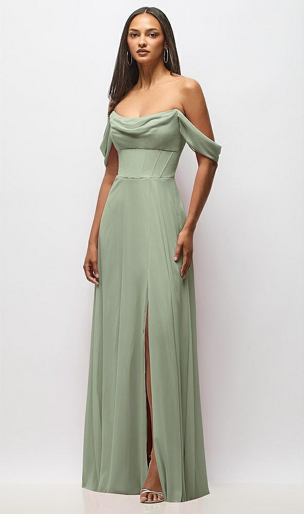 Front View - Sage Chiffon Corset Maxi Dress with Removable Off-the-Shoulder Swags