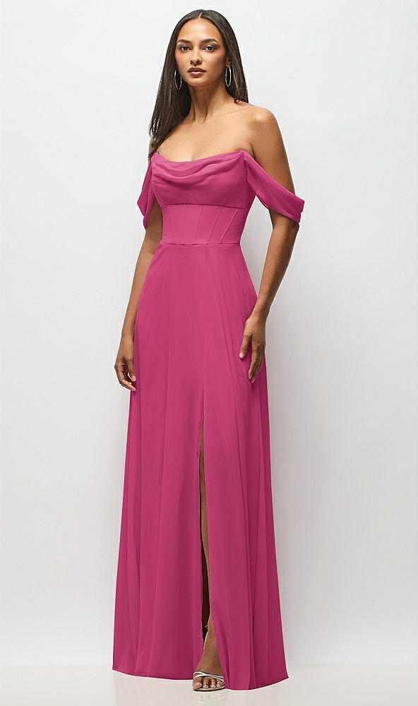Front View - Tea Rose Chiffon Corset Maxi Dress with Removable Off-the-Shoulder Swags