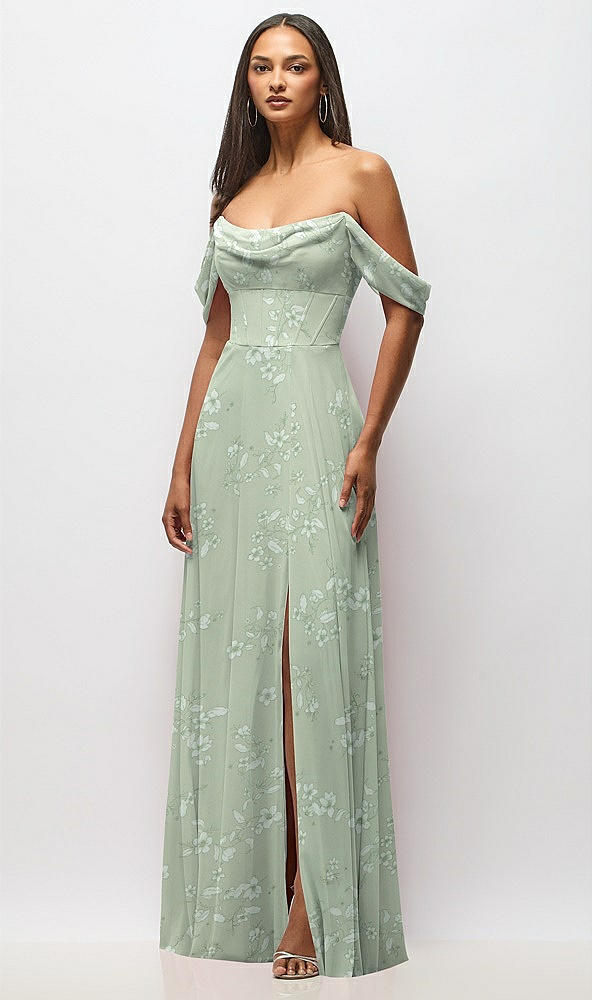 Front View - Vintage Primrose Sage Chiffon Corset Maxi Dress with Removable Off-the-Shoulder Swags