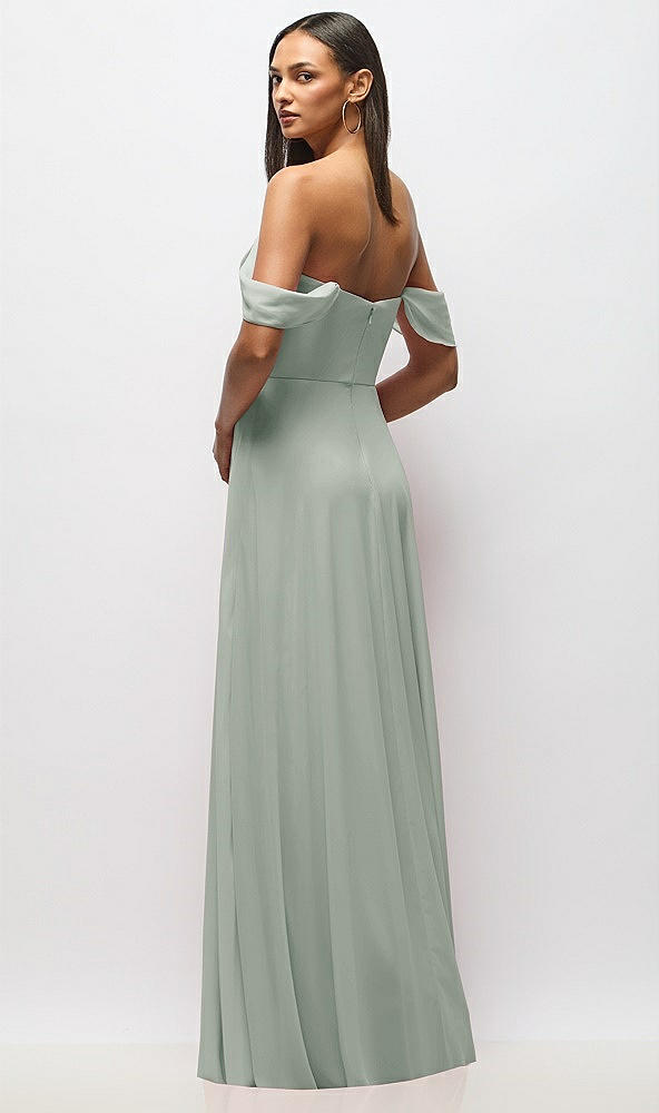 Back View - Willow Green Chiffon Corset Maxi Dress with Removable Off-the-Shoulder Swags
