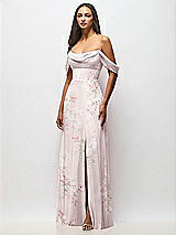 Front View Thumbnail - Watercolor Print Chiffon Corset Maxi Dress with Removable Off-the-Shoulder Swags