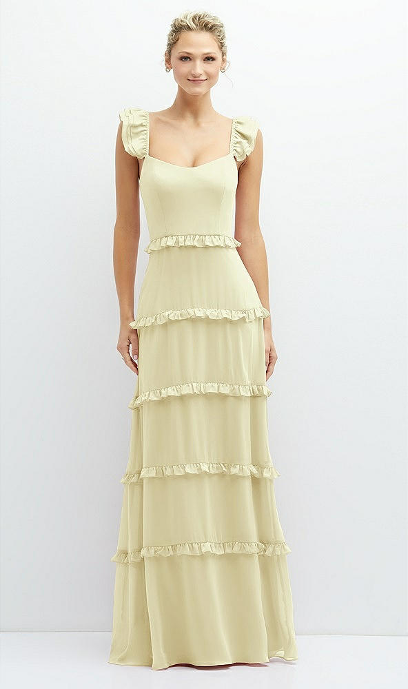 Front View - Butter Yellow Tiered Chiffon Maxi A-line Dress with Convertible Ruffle Straps