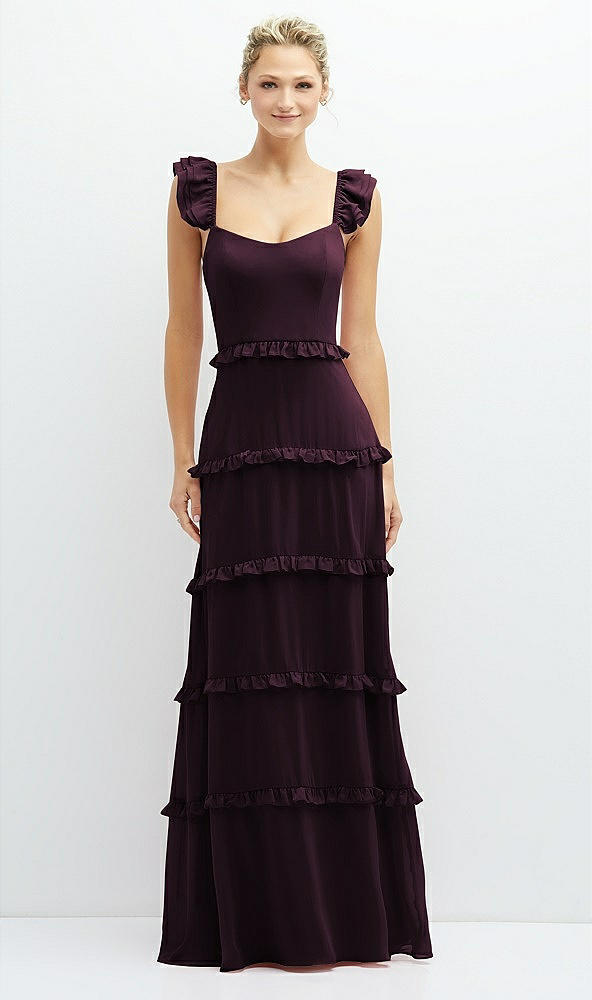 Front View - Deep Plum Tiered Chiffon Maxi A-line Dress with Convertible Ruffle Straps