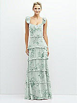 Front View Thumbnail - Mint Green Floral Tiered Chiffon Maxi A-line Dress with Convertible Ruffle Straps