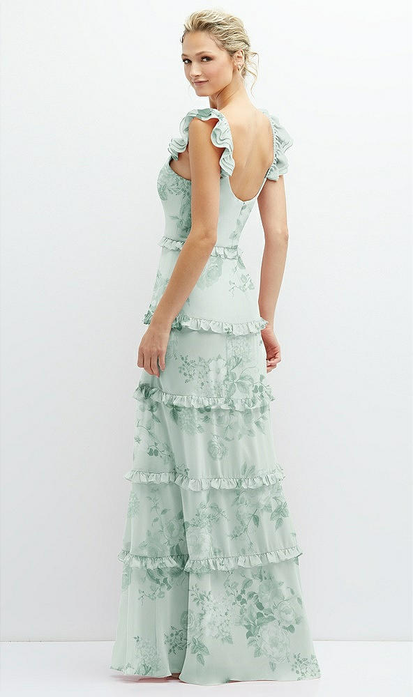 Back View - Mint Green Floral Tiered Chiffon Maxi A-line Dress with Convertible Ruffle Straps