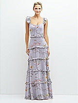 Front View Thumbnail - Butterfly Botanica Silver Dove Tiered Chiffon Maxi A-line Dress with Convertible Ruffle Straps