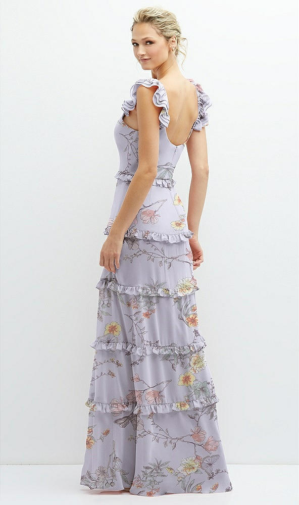 Back View - Butterfly Botanica Silver Dove Tiered Chiffon Maxi A-line Dress with Convertible Ruffle Straps