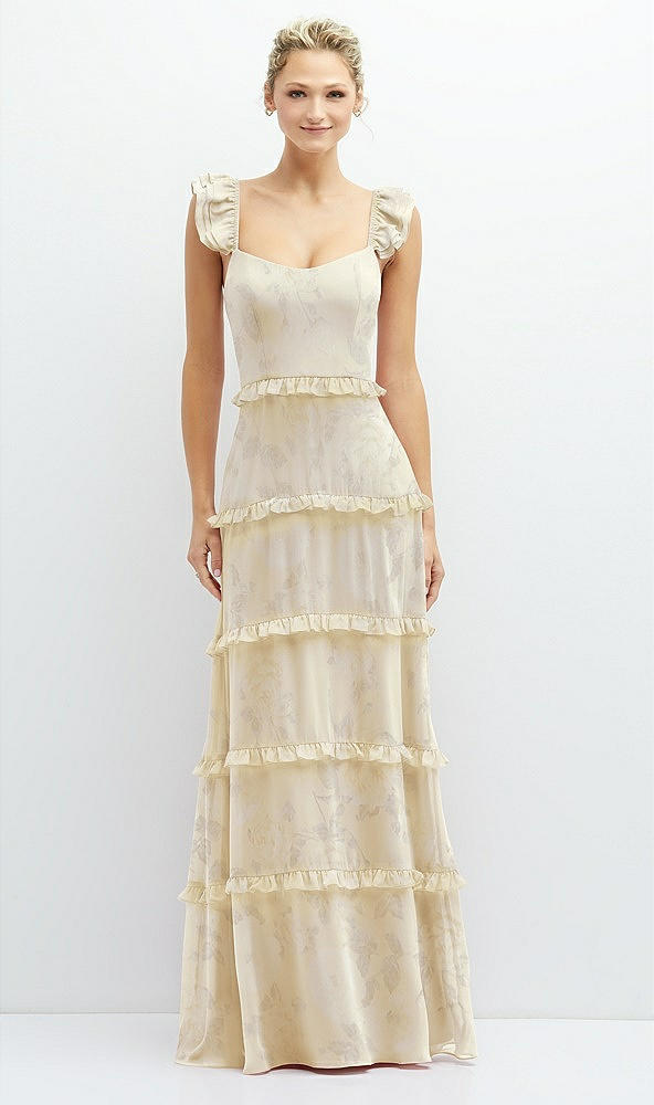 Front View - Butter Yellow Floral Tiered Chiffon Maxi A-line Dress with Convertible Ruffle Straps
