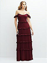 Alt View 1 Thumbnail - Cabernet Tiered Chiffon Maxi A-line Dress with Convertible Ruffle Straps