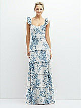 Front View Thumbnail - Cottage Rose Dusk Blue Tiered Chiffon Maxi A-line Dress with Convertible Ruffle Straps