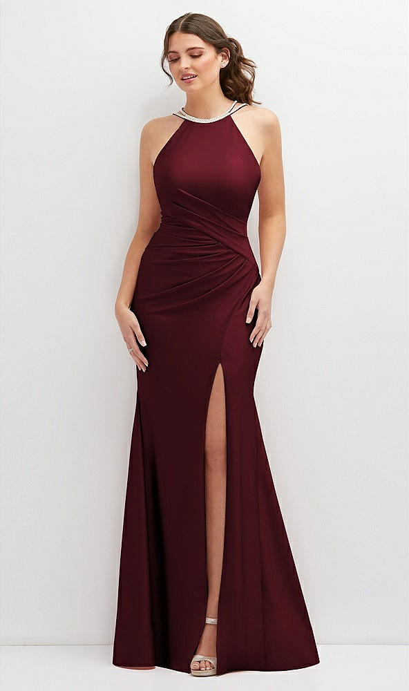 Front View - Cabernet Halter Asymmetrical Draped Stretch Satin Mermaid Dress with Rhinestone Straps