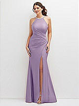 Front View Thumbnail - Pale Purple Halter Asymmetrical Draped Stretch Satin Mermaid Dress with Rhinestone Straps